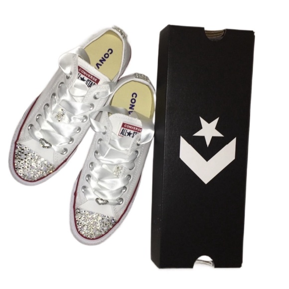 Diamonds Pearls & Charms Low Top Original Converse Sizes 5-14 With Ribbon Laces - Picture 3 of 15